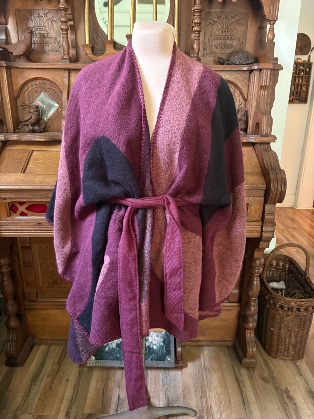 Cozy Boho Open Front Belted Poncho- Plum, Pink & Black Colorblock World Market